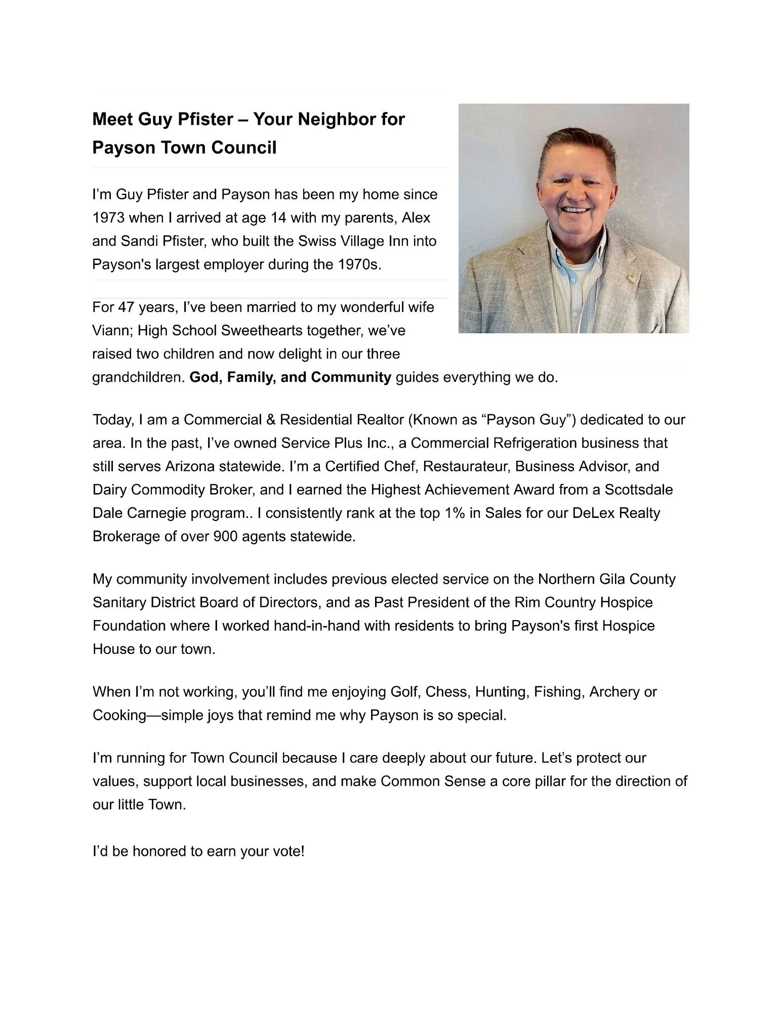 Council Candidate Guy Pfister bio