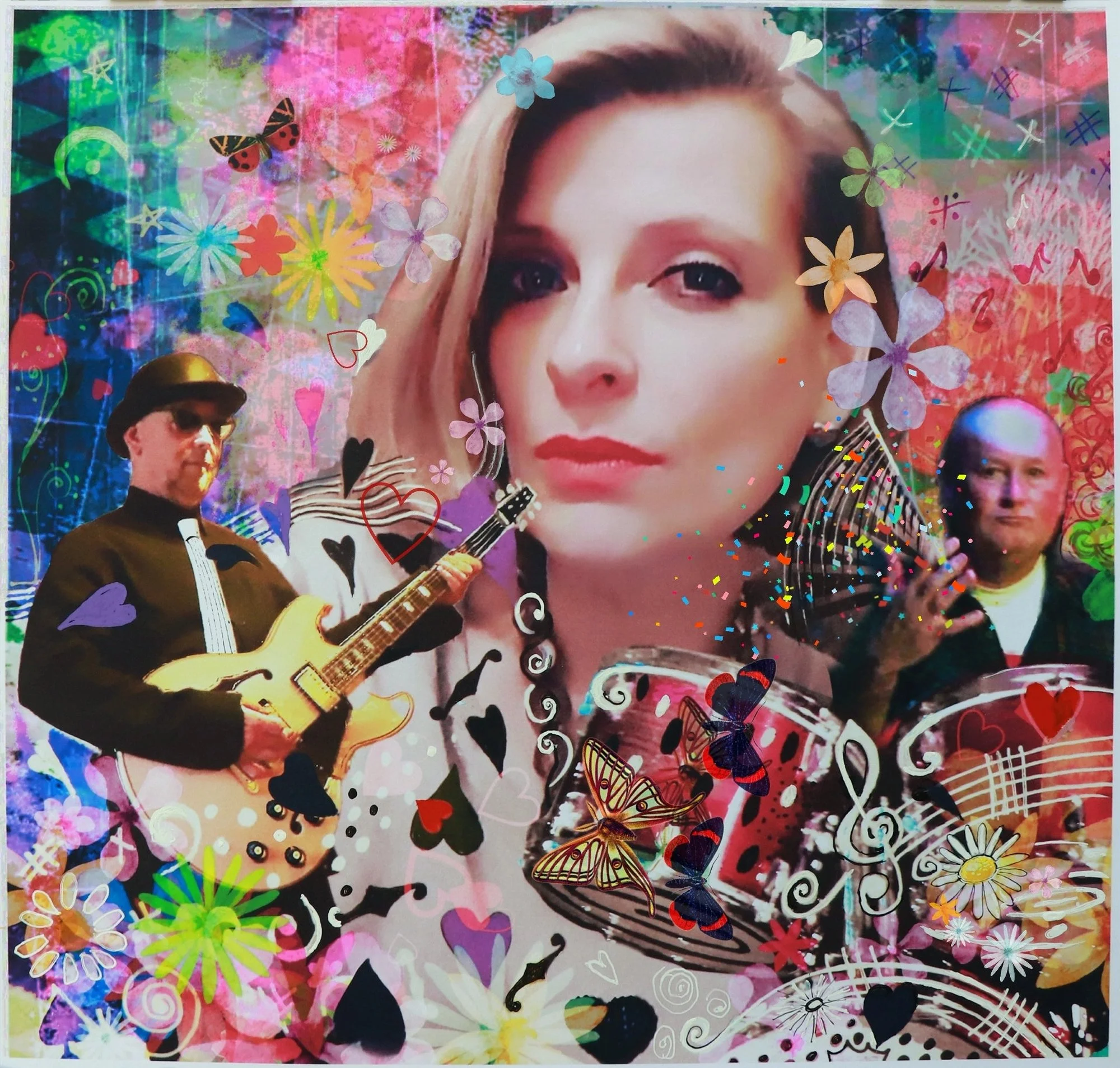 A vibrant collage featuring a large portrait of a woman with blonde hair and makeup, surrounded by colorful flowers, butterflies, musical notes, and two men playing guitars amidst the decorative elements.