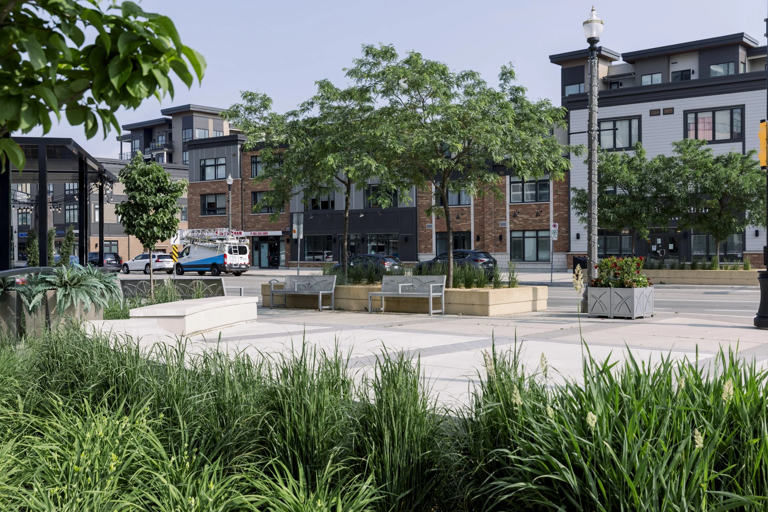 A city park with green grass, multiple trees, benches, potted plants, and surrounding buildings with modern architecture.