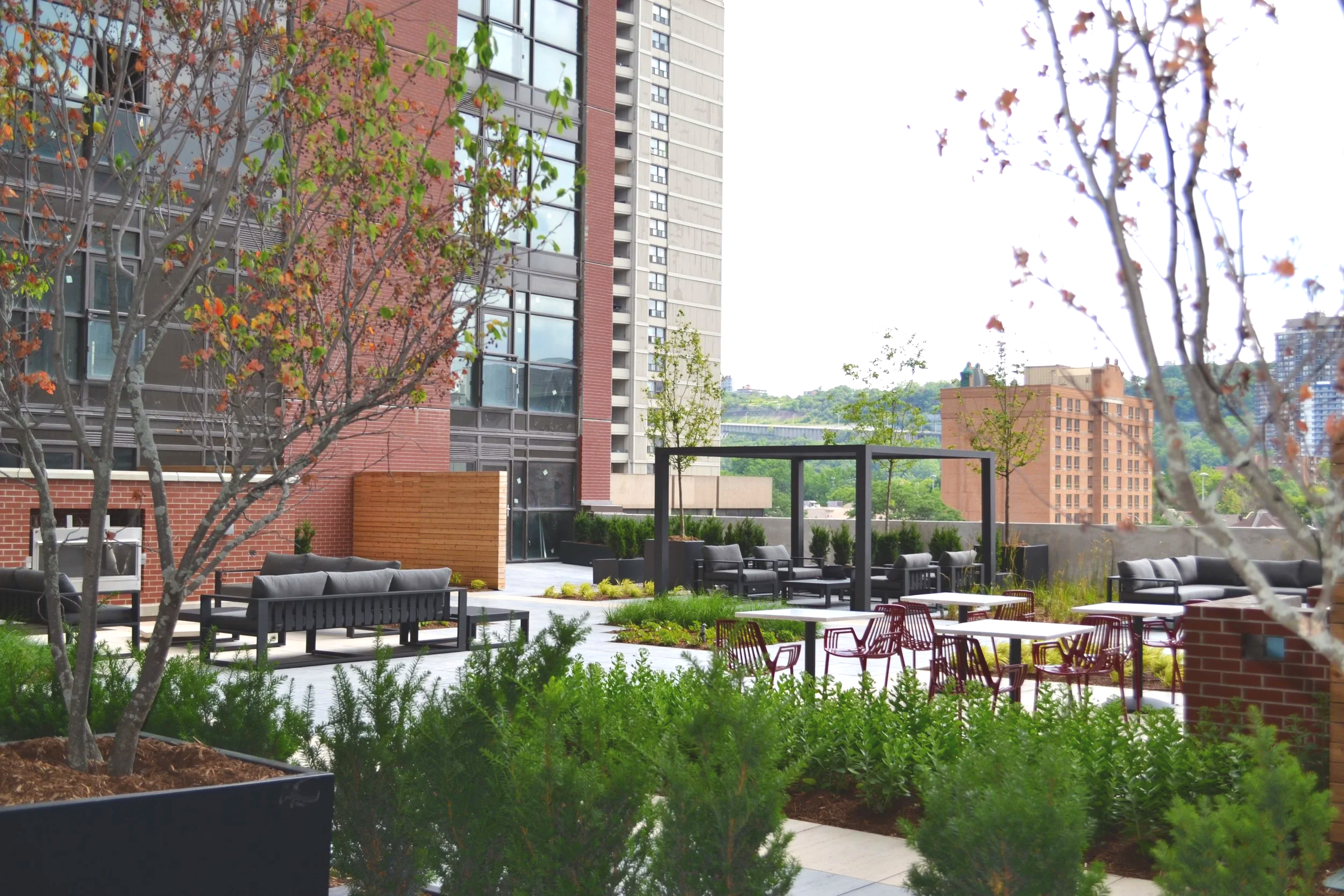 A modern rooftop terrace with outdoor seating, trees, and greenery, surrounded by high-rise buildings.