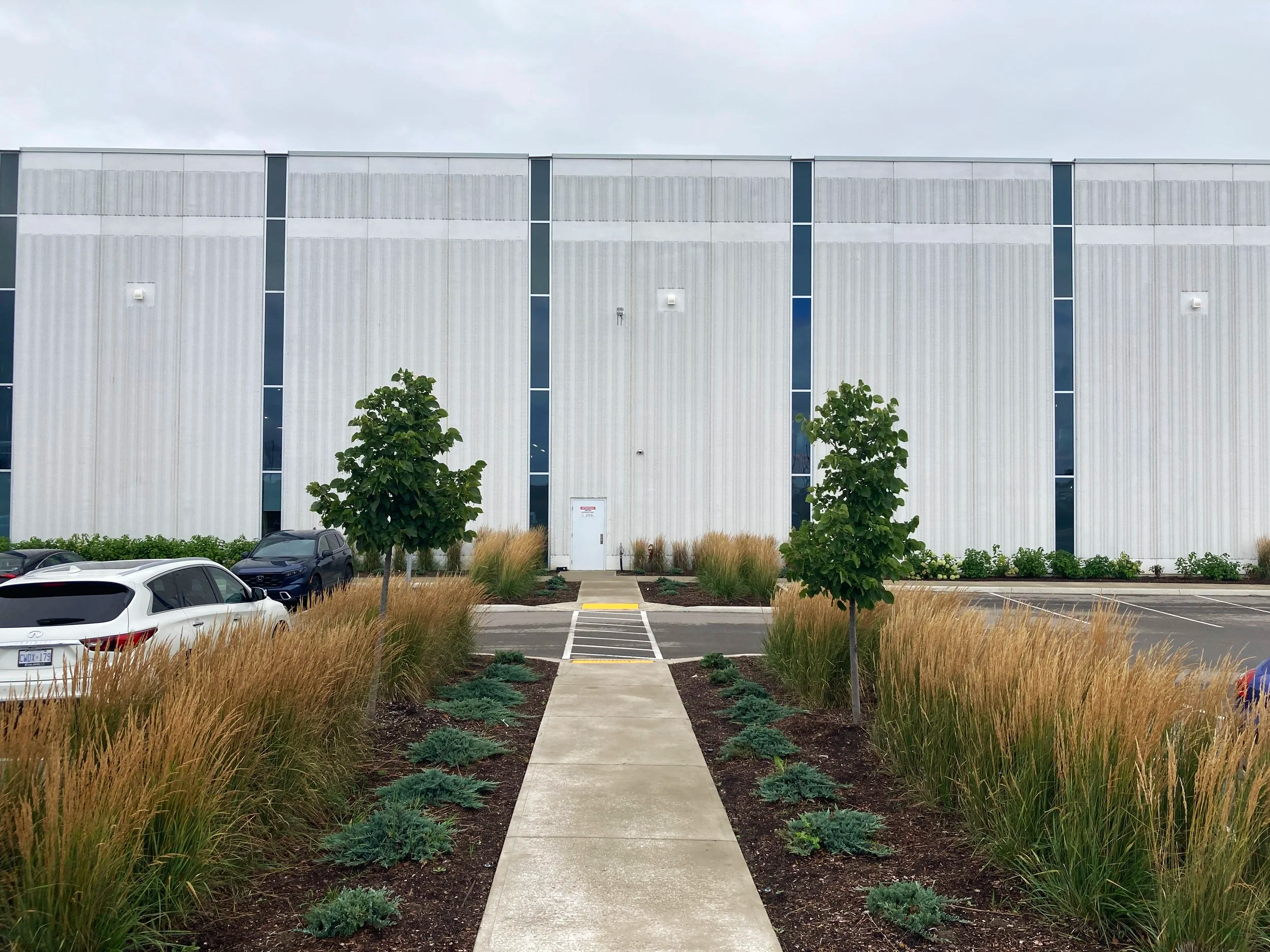Front view of a commercial building with parking lot and landscaped walkway, green trees, and plants under cloudy sky.