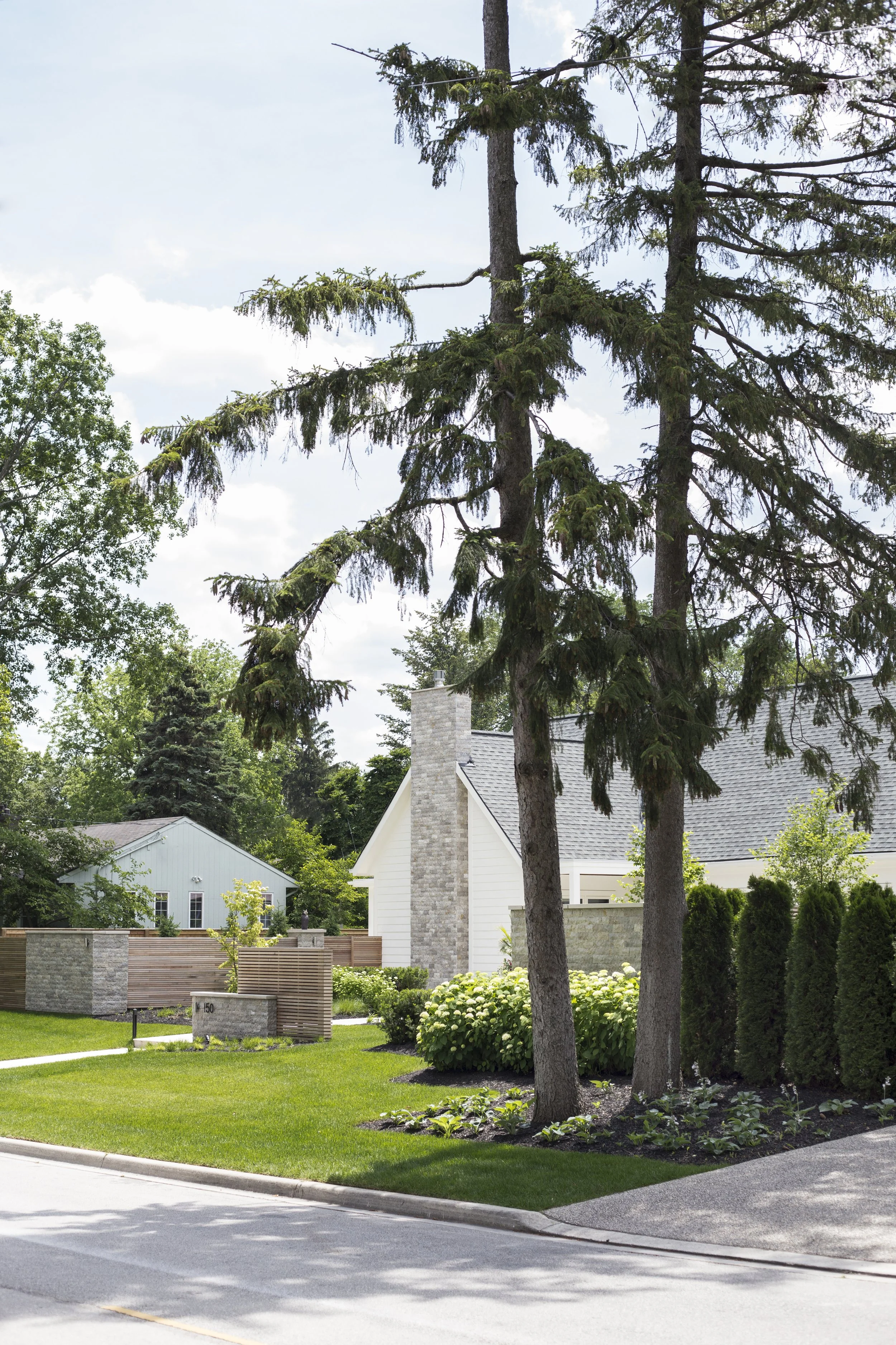 A suburban neighborhood with a white house, a brick chimney, and tall trees with lush green foliage.