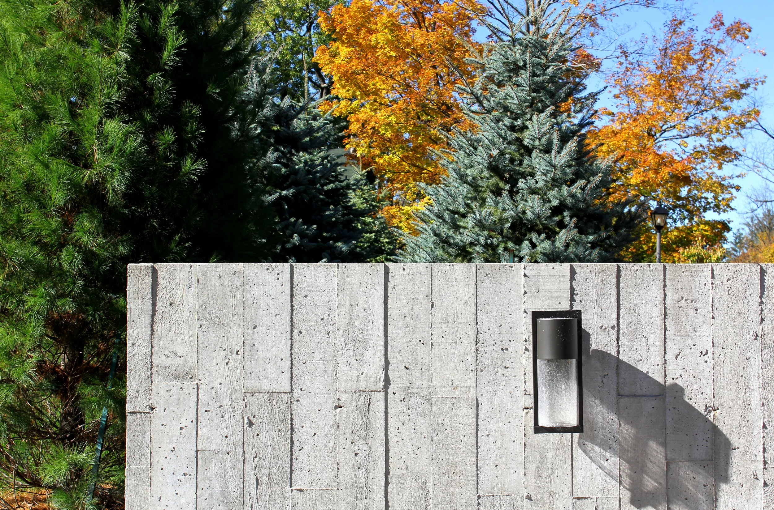 Concrete wall with black outdoor light fixture casting shadow. Background features green pine trees and orange autumn leaves against a clear blue sky.