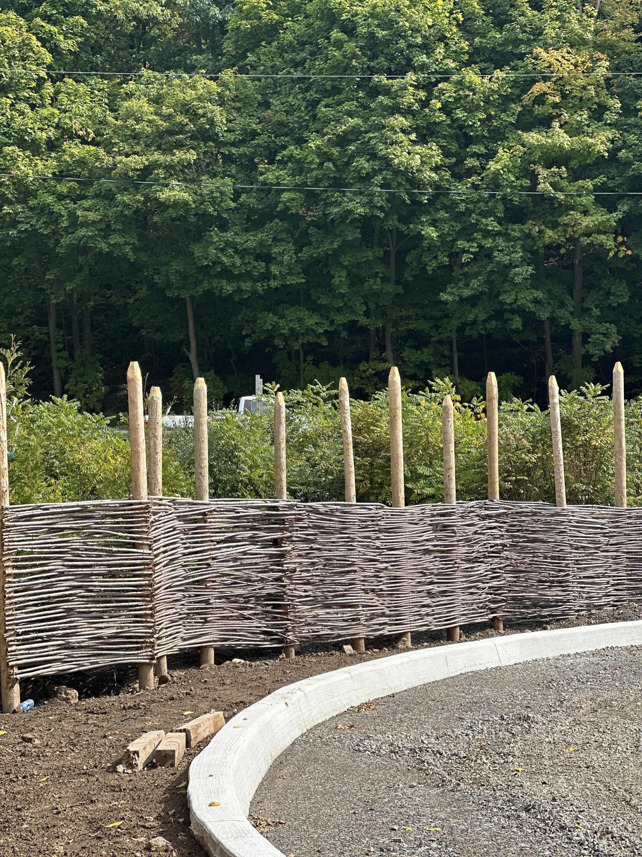 A rustic outdoor woven wooden fence along a curved sidewalk with a dense green forest in the background.