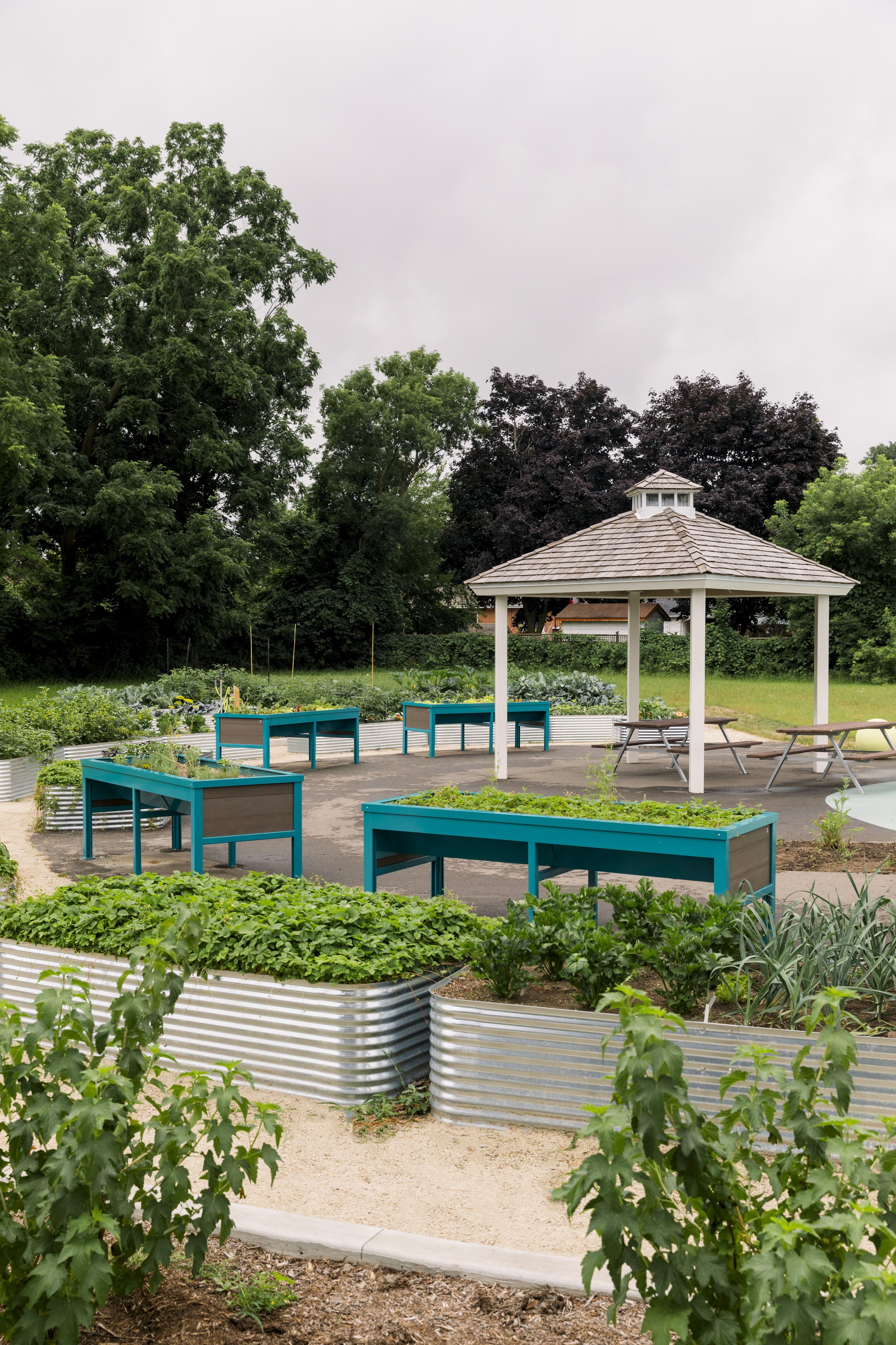 Community garden with raised beds, a gazebo, benches, and surrounding trees.