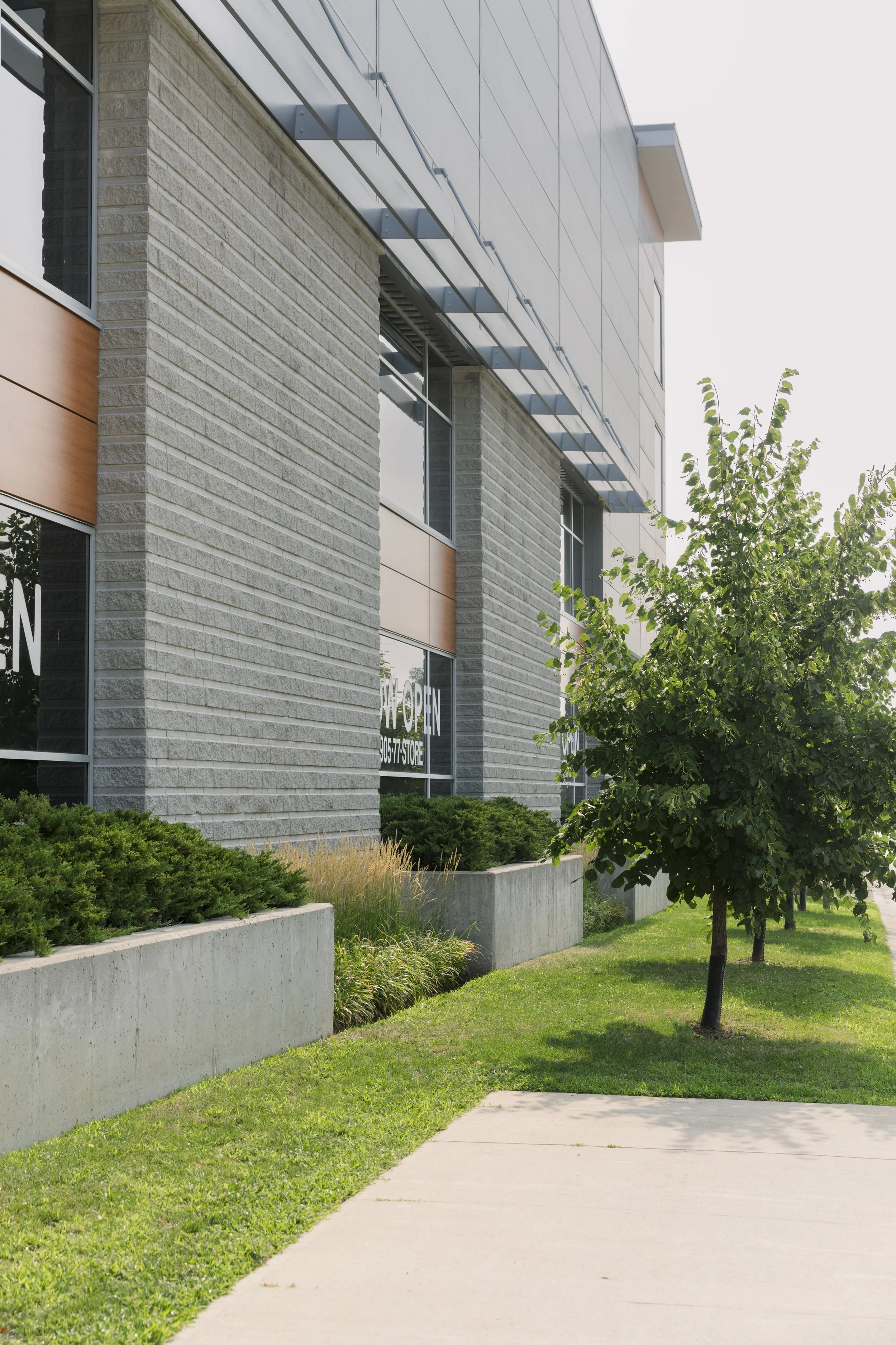 Exterior of a modern commercial building with brick and panel siding, large windows, and trees and shrubs along the sidewalk.