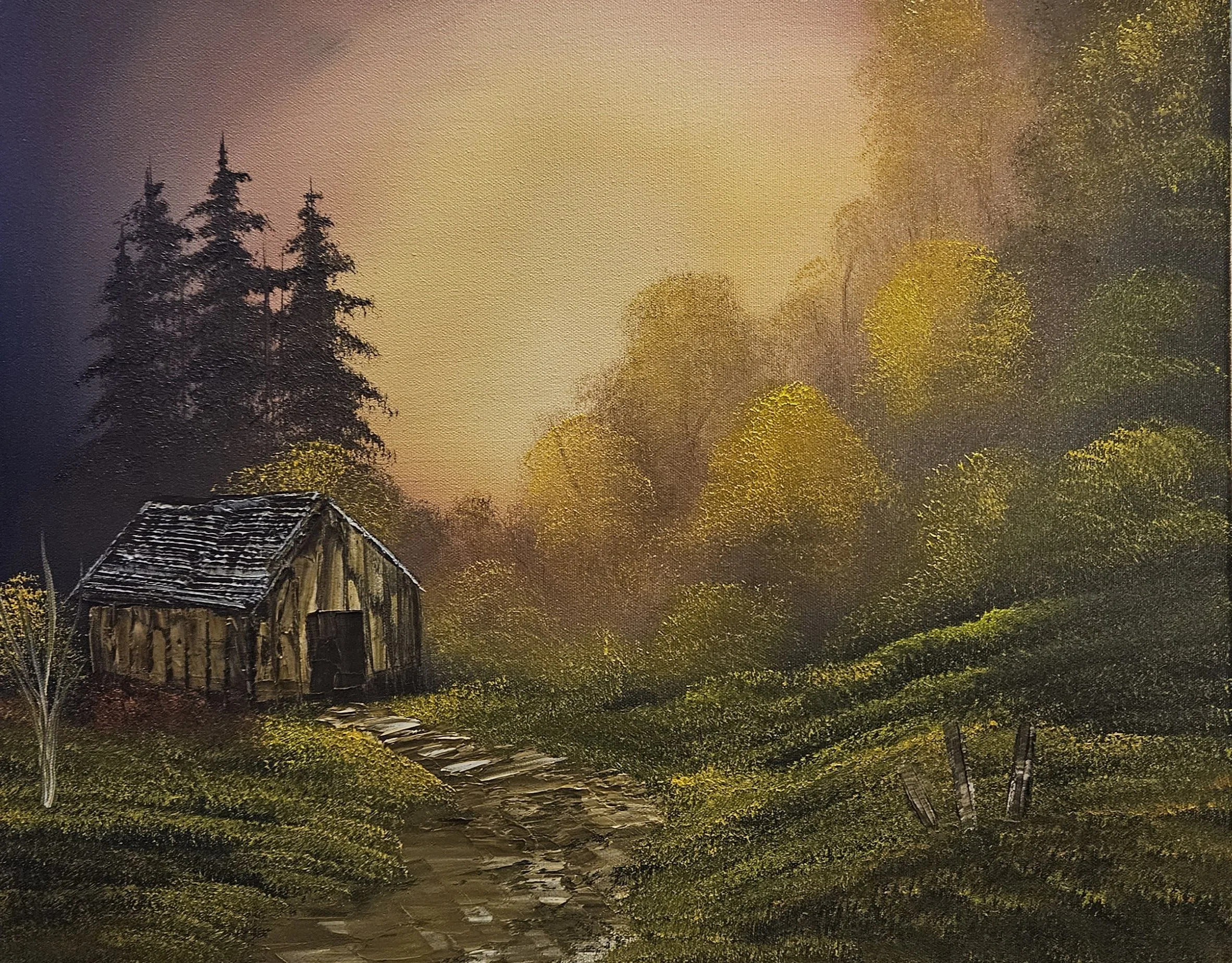16x20 Oil on Canvas "Forest Cabin at Dawn"