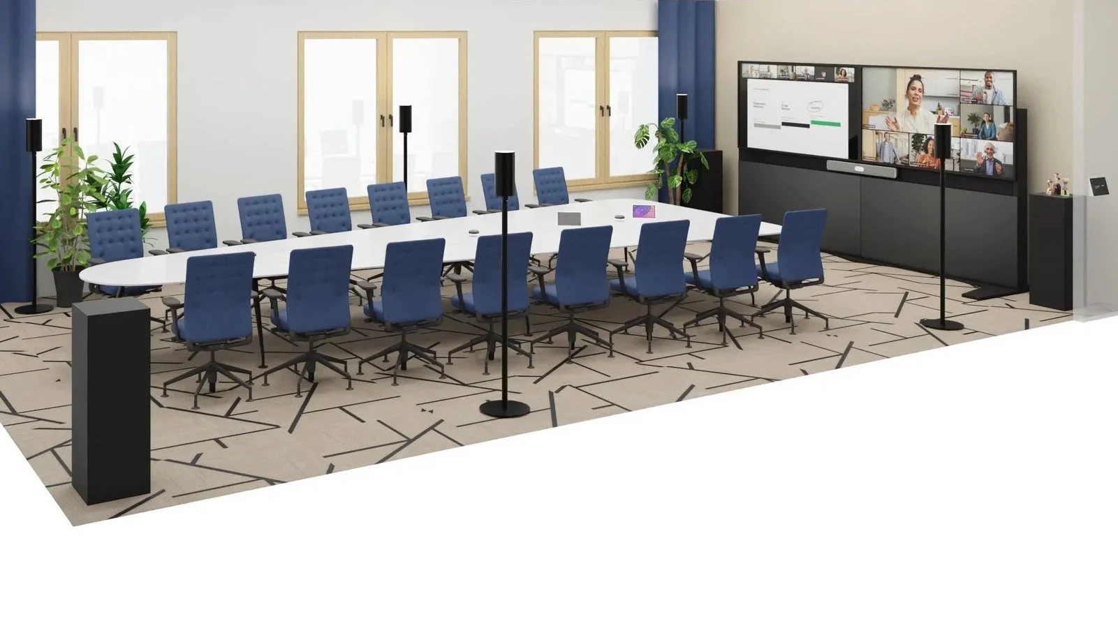 Konferenzraum mit rundem weißen Tisch, blauen Stühlen, großen Fenstern, mehreren Fernsehern für Videokonferenzen und Mikrofonen auf dem Tisch.