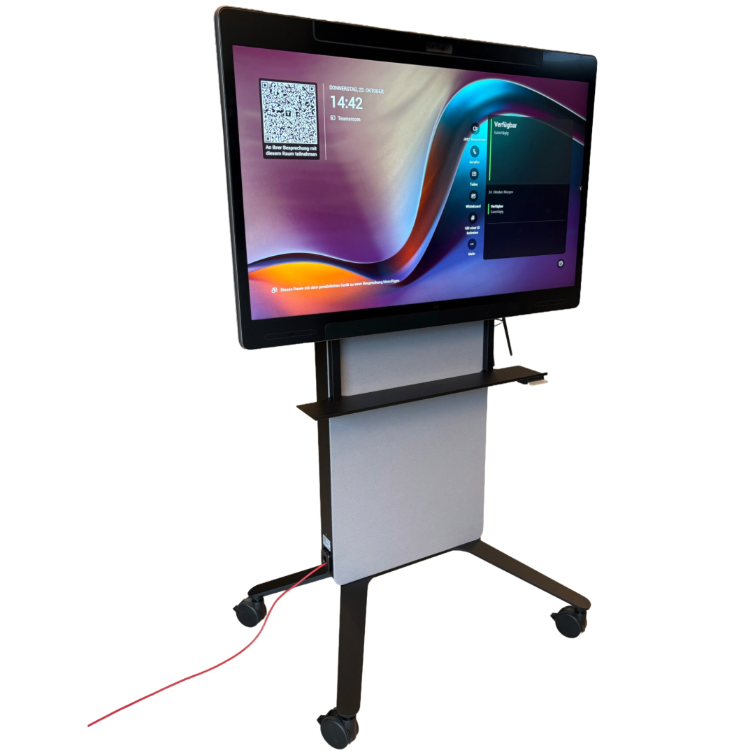 Interaktives Whiteboard mit digitaler Anzeige auf einem mobilen Ständer, Bildschirm zeigt Termindaten und QR-Code, auf Rollen fahrbar.