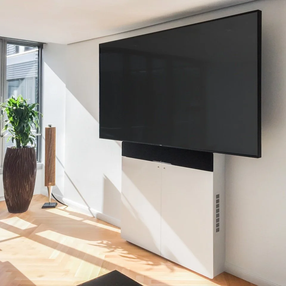 Ein großer schwarzer Fernseher an einer weißen Wand neben einem Fenster. Es stehen eine große Topfpflanze, ein höhenverstellbarer Lampenständer und ein Kasten darunter.