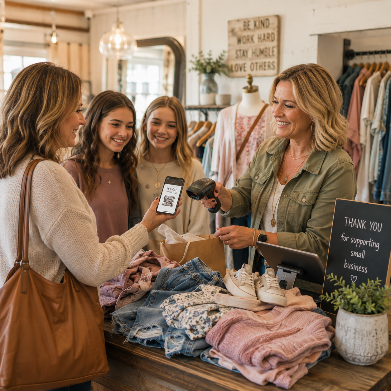 A woman using a smartphone to show a QR code to three young girls at a clothing store checkout, with a cashier scanning a QR code to link to her Customer Database in a cozy boutique with decorative signs and clothing racks.