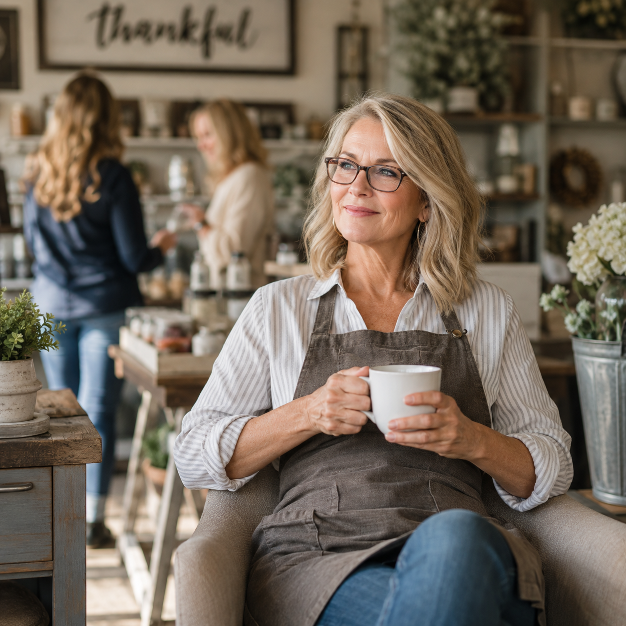 A woman with glasses and blonde hair, wearing a striped shirt and apron, sitting on a chair in a cozy cafe, holding a white mug and smiling. In the background, two women are talking, with shelves of plants and decorative items behind them.