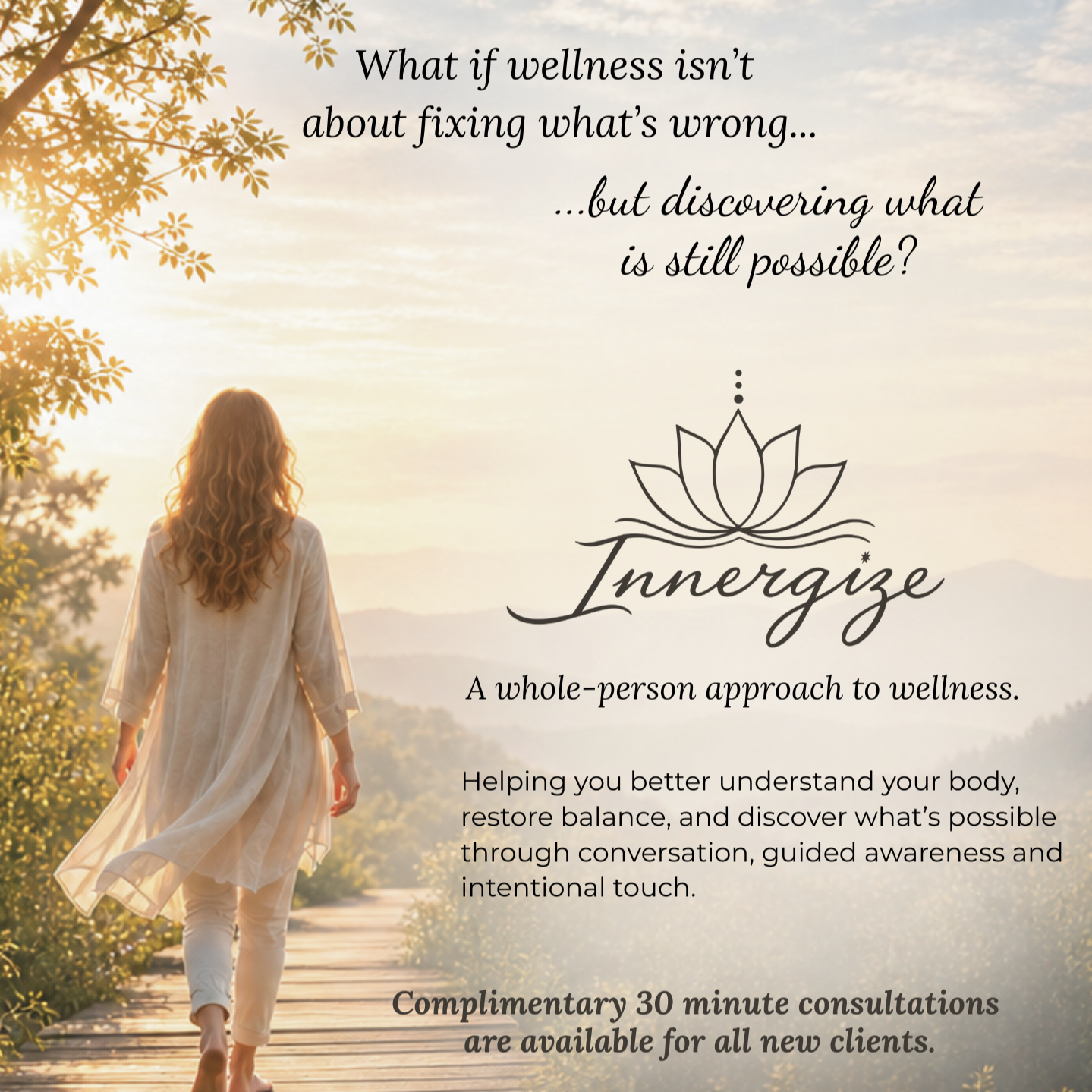 A woman with long hair walking on a wooden path at sunset with trees on the sides. Overlaid text promotes wellness and balance, mentioning a holistic approach and free consultations at Innergize in Sandusky Michigan