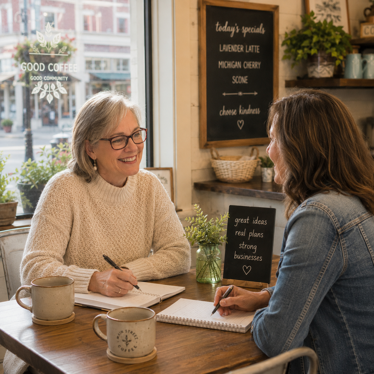 Two women having a conversation at a coffee shop, smiling and taking notes about ways to increase business with coffee mugs on the table and a blackboard in the background listing daily specials.