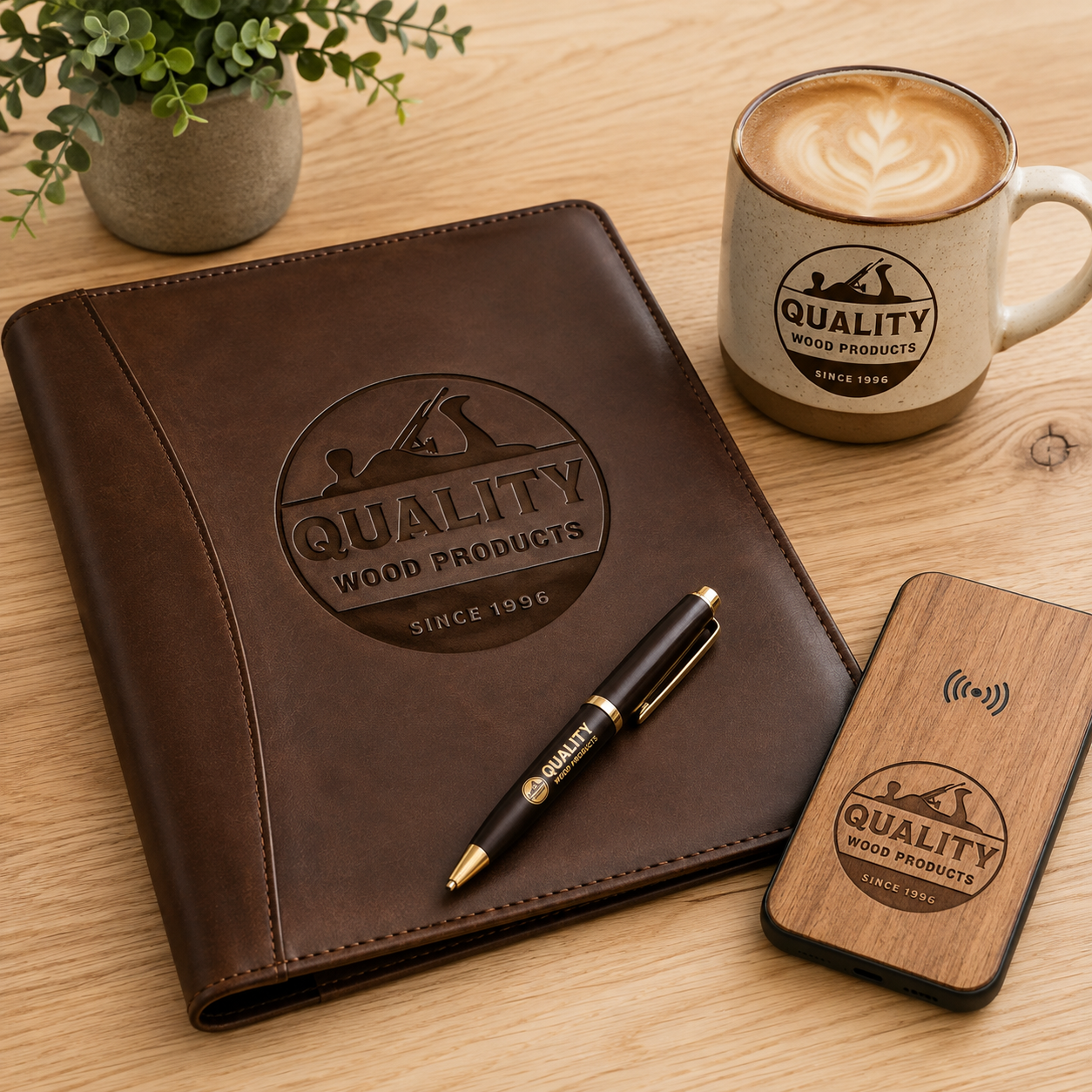 Brown leather padfolio debossed with business logo plus customized pen and mug