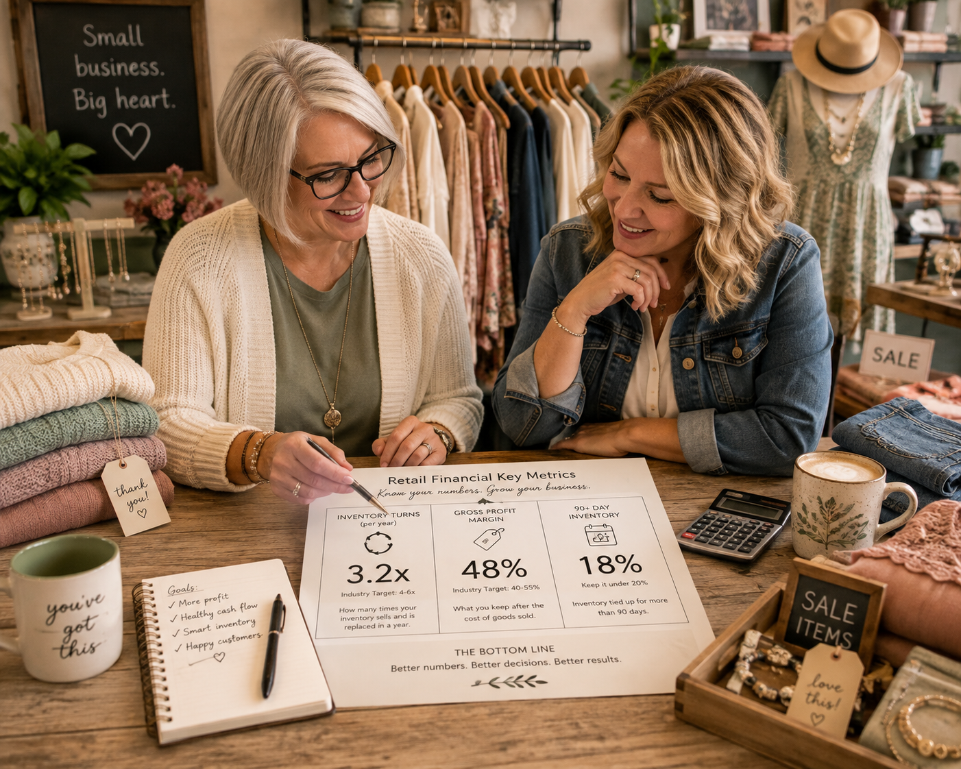 Two women at a clothing store discussing retail financial key metrics, with racks of clothes and sale items in the background, and a table with clothing, a coffee mug, a calculator, and a notebook in the foreground.