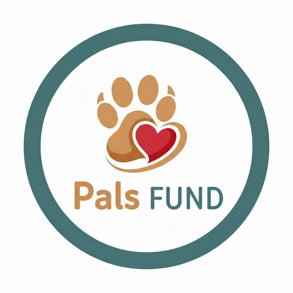 A circular logo for Pals Fund featuring a paw print with a red heart shape inside it.
