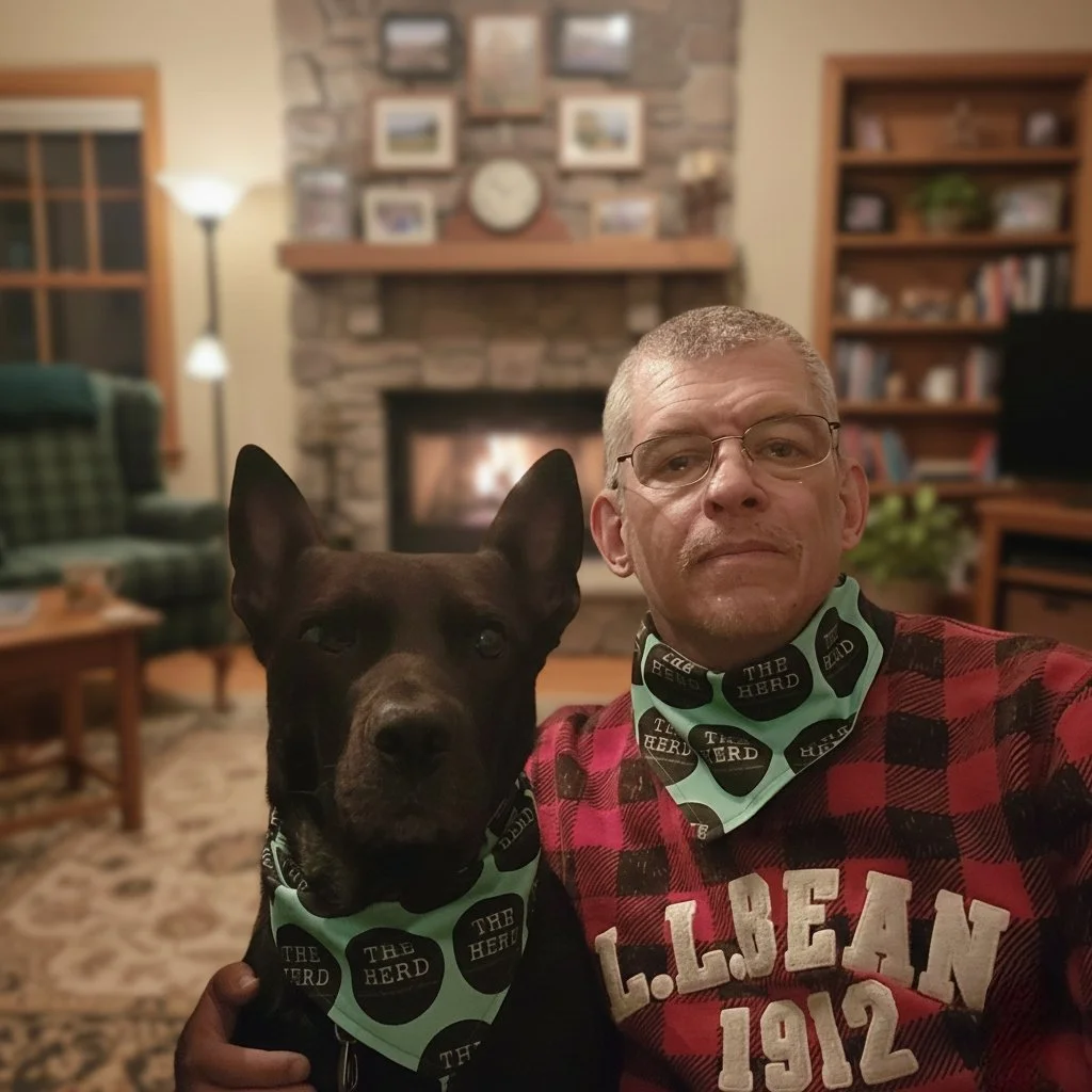A man wearing glasses and a red plaid shirt poses with a black dog in a cozy living room. Both are wearing matching bandanas that say "The Herd." In the background is a fireplace, a bookshelf, a green armchair, and a window with a lamp nearby.