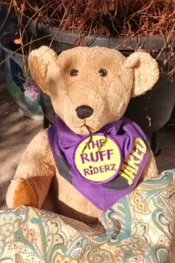 Jared the Stuffed Bear wearing his personalized Ruff Riderz Bandana