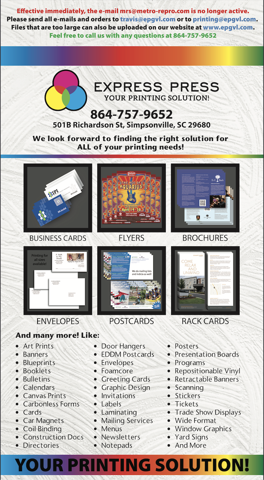 Contact information and services offered by Express Press printing shop, including business cards, flyers, brochures, envelopes, postcards, and rack cards, with contact details and locations.