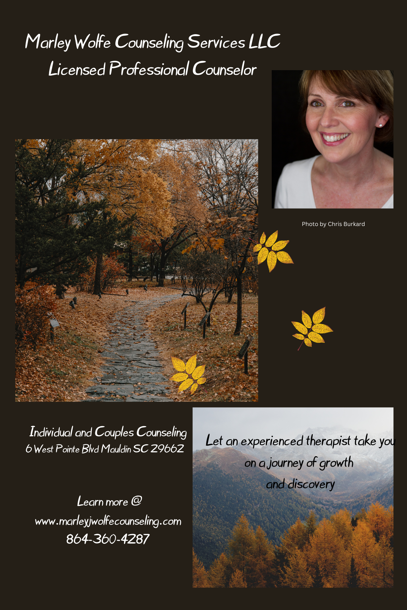 Flyer for Marley Wolfe Counseling Services LLC, featuring a headshot of a smiling woman with short brown hair, an autumn park scene with trees and a stone path, and a mountain landscape with fall foliage. The flyer includes text about counseling serv