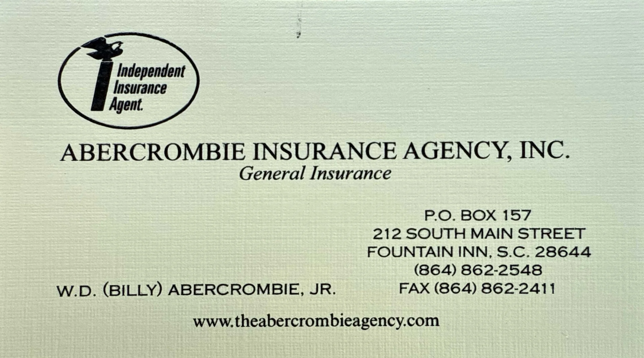 Business card for Abercrombie Insurance Agency, Inc., featuring logo for Independent Insurance Agent, contact information including P.O. Box 157, 212 South Main Street, Fountain Inn, SC 28644, phone number (864) 862-2548, fax (864) 862-2411, and webs