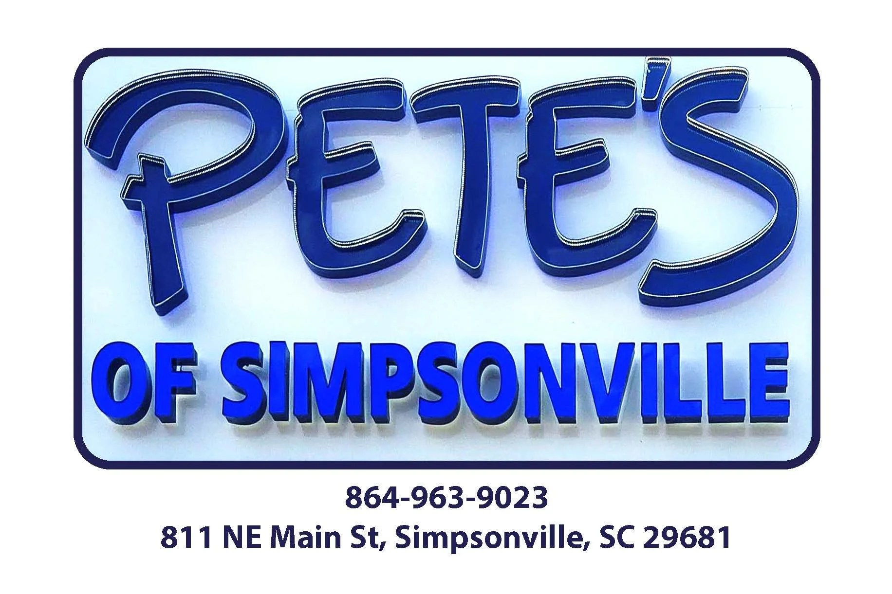 Neon sign for PETE'S of Simpsonville with phone number and address
