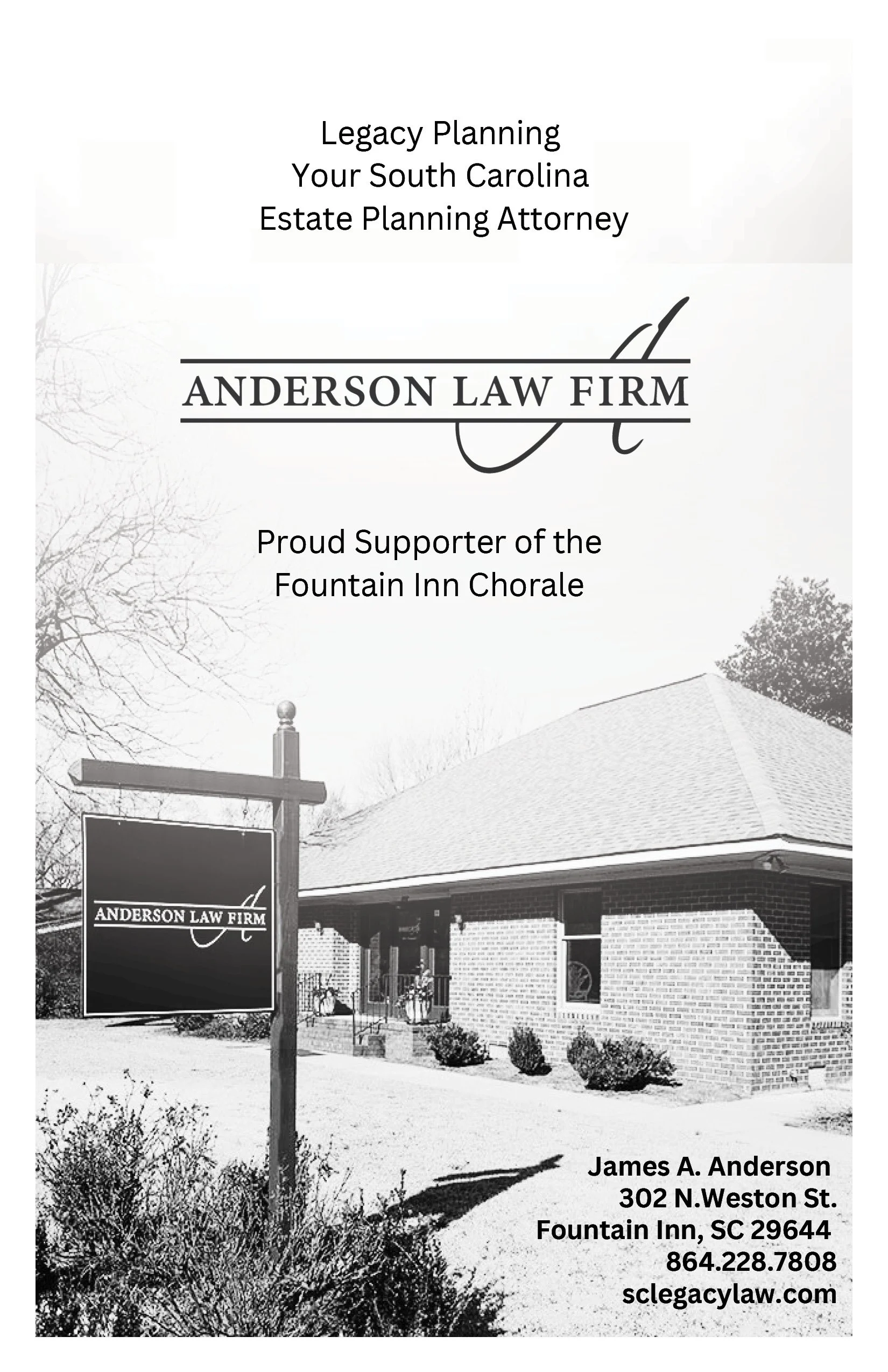 Flyer for Anderson Law Firm, estate planning attorney in South Carolina, showing a building outside with a sign, contact information, and a logo.