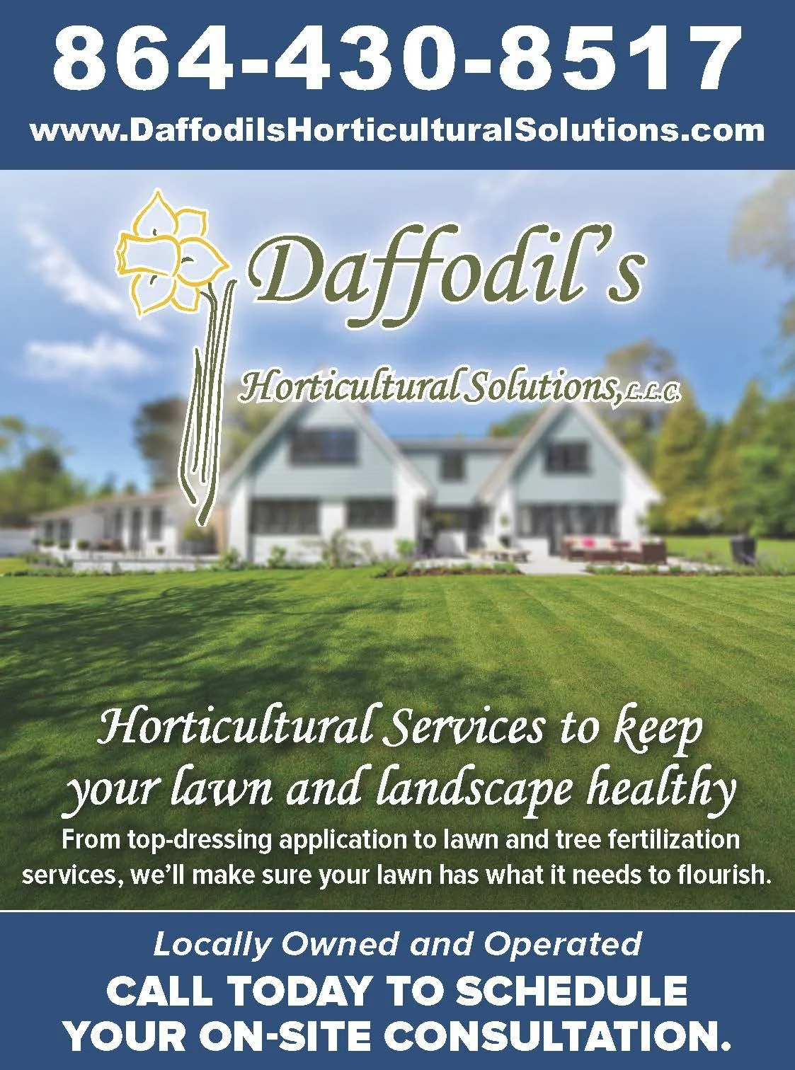 Business card for Daffodil's Horticultural Solutions featuring a daffodil flower icon, contact number 864-430-8517, and website www.DaffodilsHorticulturalSolutions.com. The background shows a large house with a well-maintained lawn, and the text prom