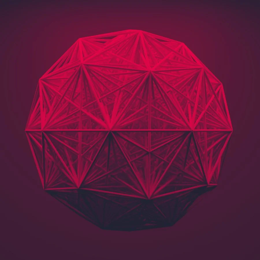 A glowing red geometric sphere made of interconnected triangular lines on a dark background resembling software performance engine.