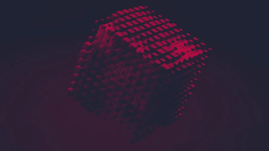 A 3D digital rendering of a cube composed of small red and pink squares against a dark background resembling software performance engine.