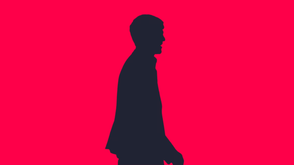 Silhouette of a finance leader walking against a red background.