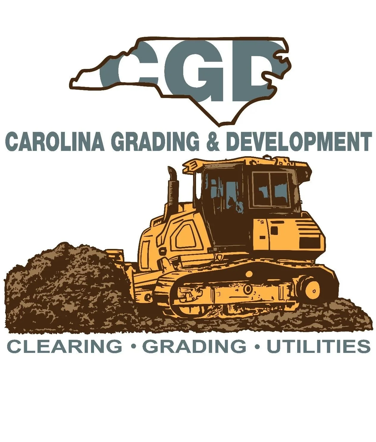Logo for Carolina Grading & Development featuring a North Carolina outline with 'C G D' initials, a yellow construction bulldozer, and text about grading, clearing, and utilities services.