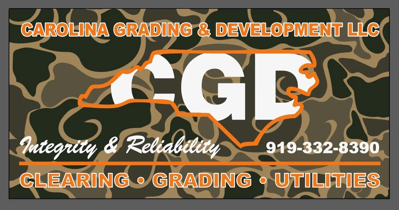 Business card for Carolina Grading & Development LLC with a camo background, featuring the outline of North Carolina, the large initials GDL, the company's phone number, and the services offered including clearing, grading, and utilities.