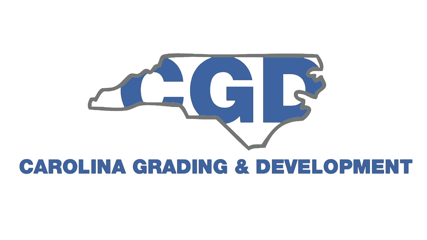 Outline map of North Carolina with the letters 'C', 'G', and 'D' in blue inside and the words 'Carolina Grading & Development' below in blue