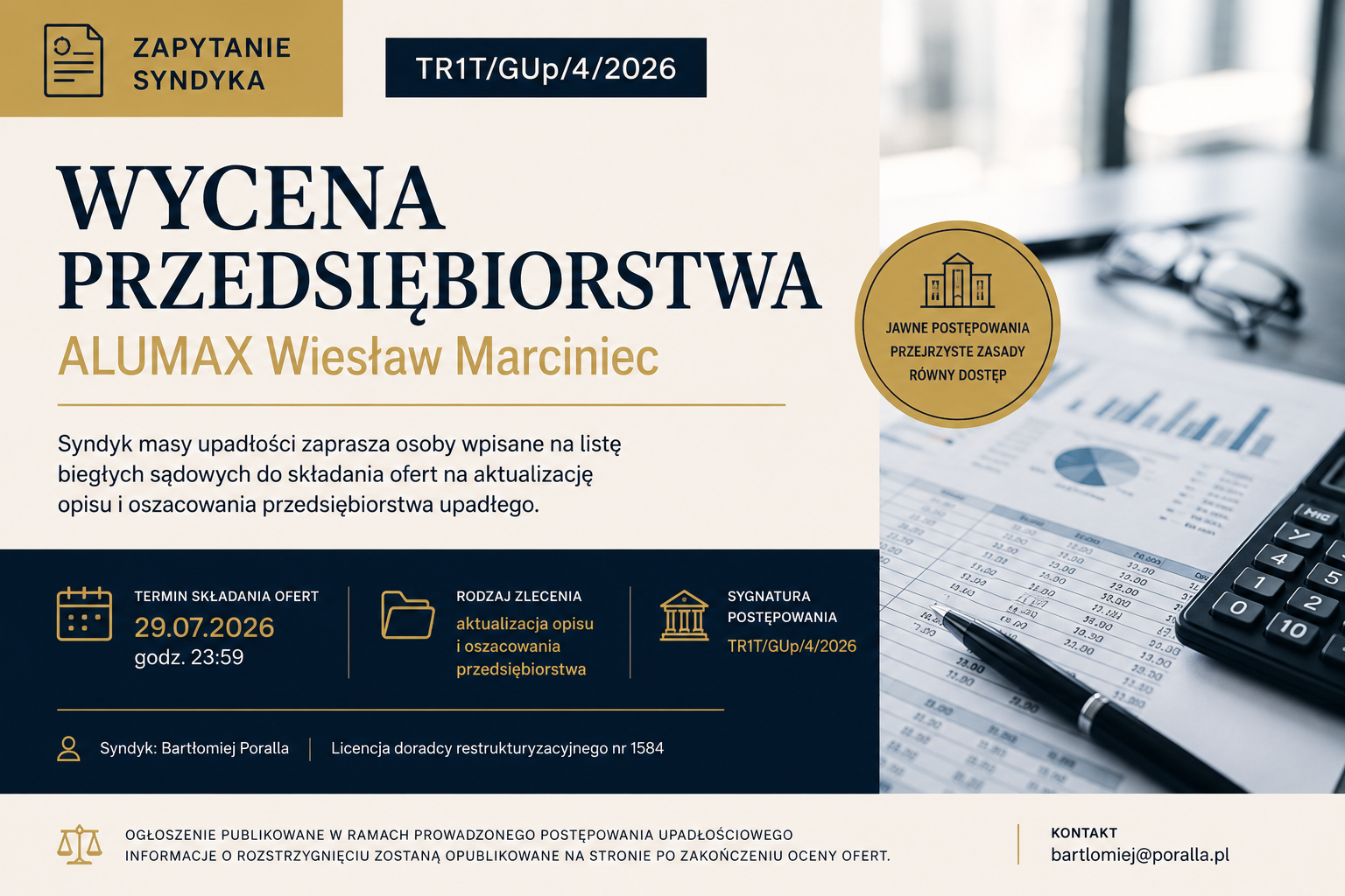 Zaproszenie do składania ofert na  opis i oszacowanie przedsiębiorstwa ALUMAX Wiesław Marciniec