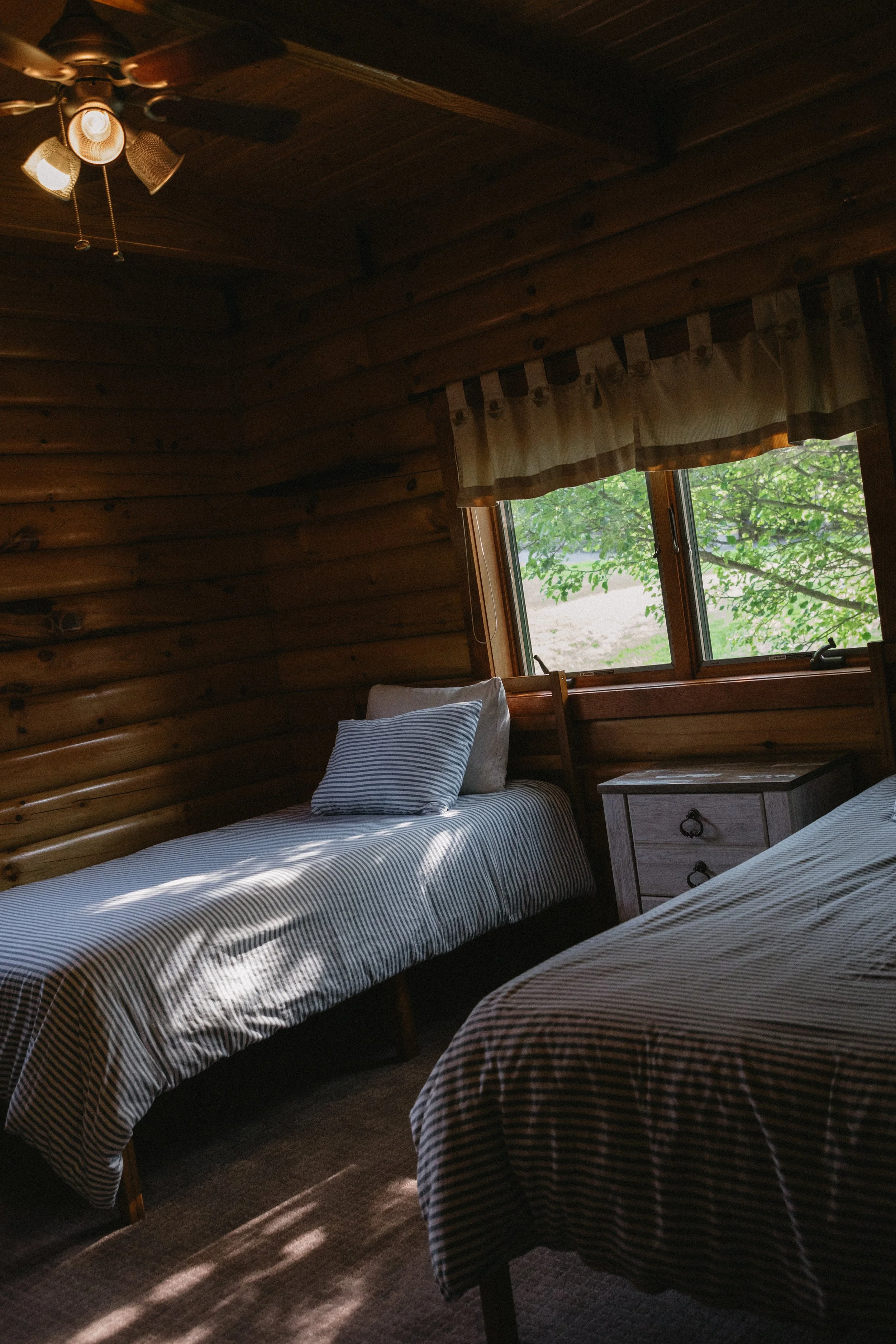 A rustic bedroom with wooden log walls, two twin beds with striped bedding, a nightstand, and a window showing green trees outside.