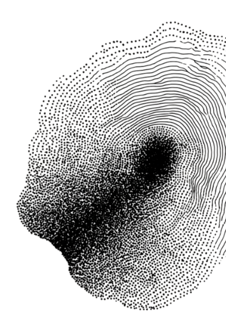 Abstract digital fingerprint made of small dots and lines on a black background.