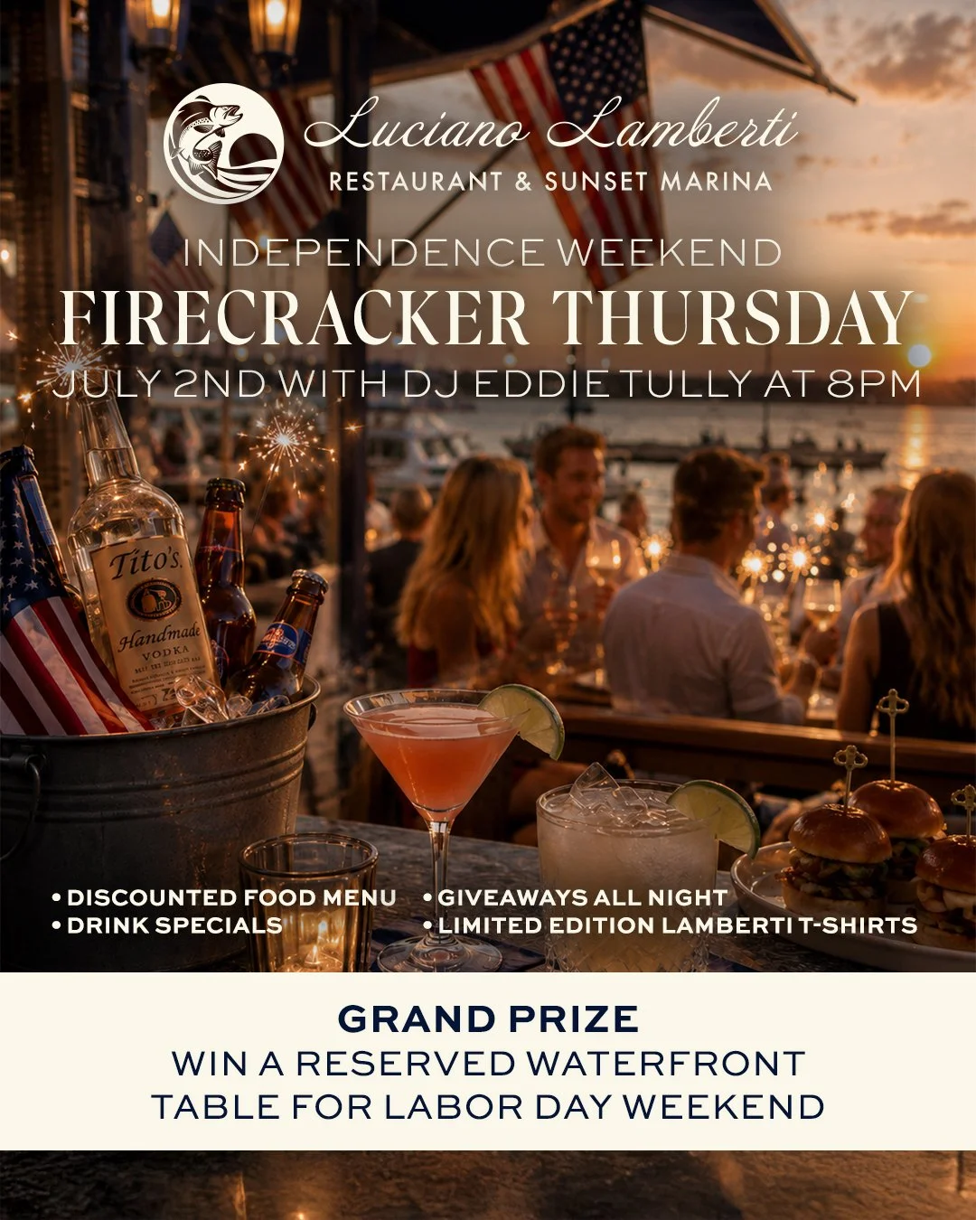 Let the holiday weekend begin 🇺🇸✨

Join us Thursday, July 2nd for Firecracker Thursday at Lambertis. We'll have DJ Eddie Tully spinning from 8pm, drink specials, a discounted food menu, giveaways all night, &amp; limited-edition Lambertis tees. 🍹?