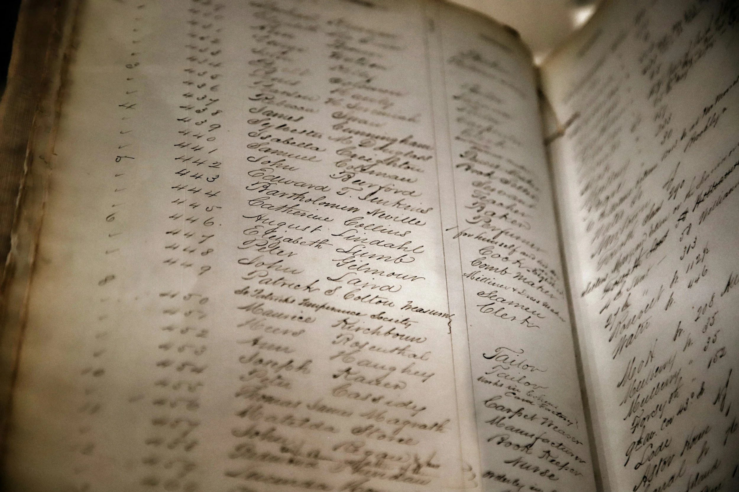 Close-up of handwritten text in a vintage notebook or ledger, with cursive handwriting and numbered entries.