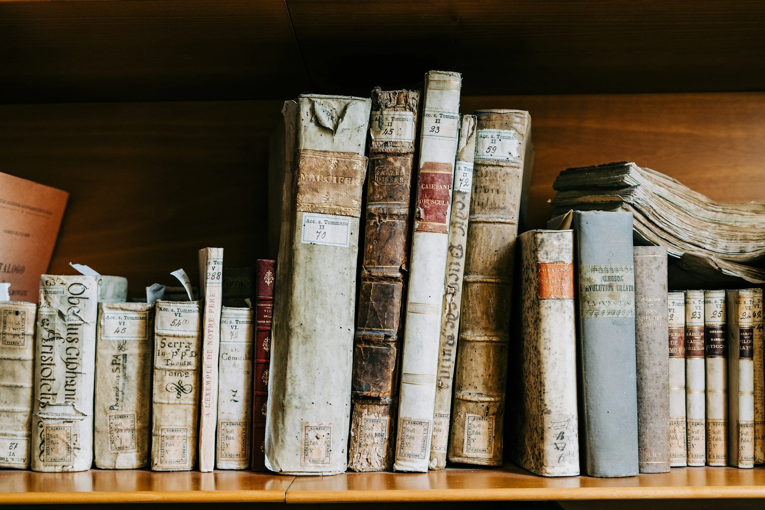 Rows of old, worn books on a wooden shelf, some with handwritten labels, alongside a large stack of yellowed papers.