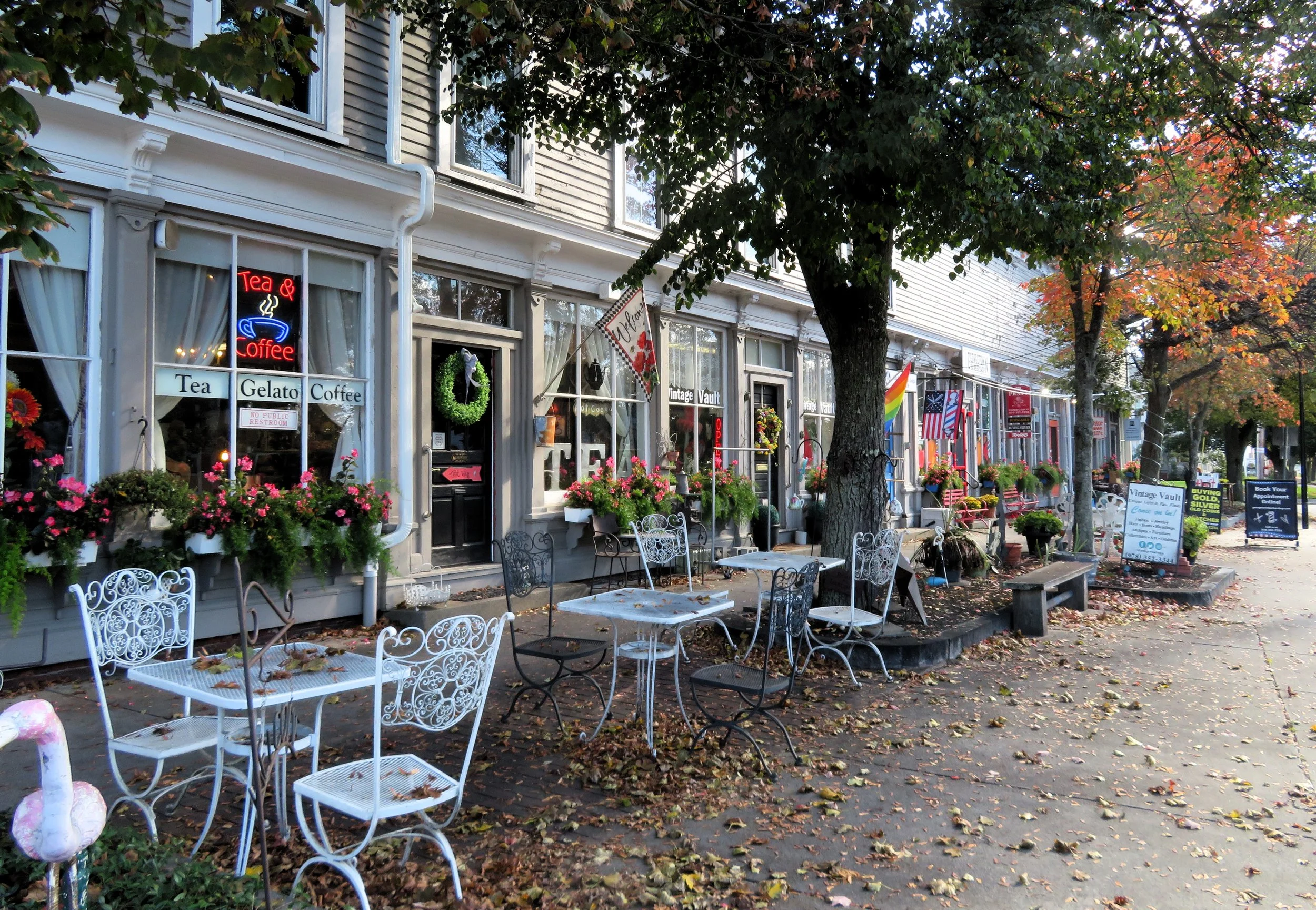 Street view of a row of shops with outdoor seating, decorated with flower pots and chairs, and signs for tea, gelato, and coffee. Trees with autumn foliage line the sidewalk.