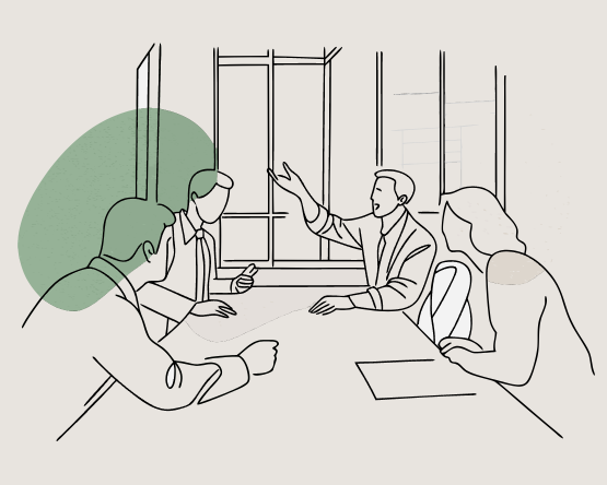 Zeichnung von vier Personen, die in einem Besprechungsraum an einem Tisch sitzen, ein Mann zeigt auf das Fenster, alle diskutieren.