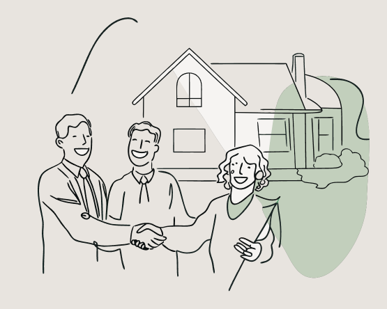 Zwei Männer und eine Frau schütteln sich die Hand vor einem Haus, während sie lächeln.