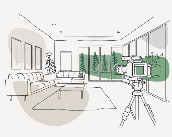 Zeichnung eines modernen Wohnzimmers mit Couch, Sessel, Couchtisch, Pflanzen, große Fenster mit Blick auf einen Wald, Kamera auf Stativ im Vordergrund.