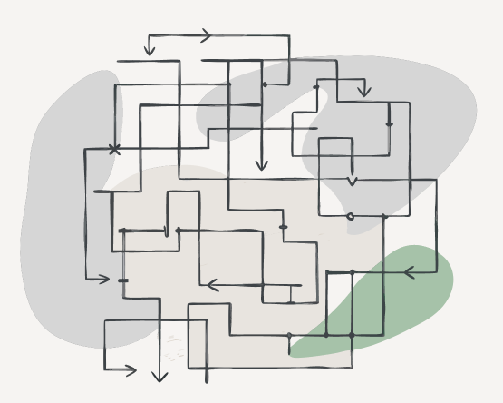 Ein komplexes Flussdiagramm mit mehreren Linien und Pfeilen, die den Fluss von Punkten durch das Diagramm zeigen, auf grauem Hintergrund mit einem grünen Akzent.