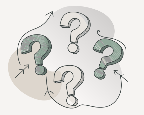 Zeichnungen von mehreren Fragezeichen mit Pfeilen, die auf sie zeigen und umgeben von grauen und beigen Farbflächen, symbolisieren Unsicherheit oder Fragen.