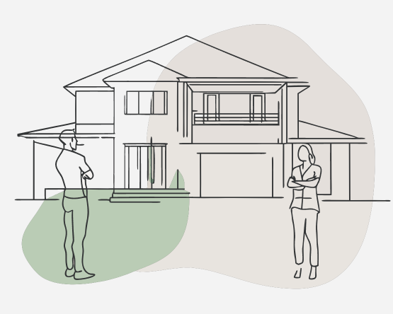 Grafische Illustration eines Hauses mit zwei Personen vor dem Eingang, eine Person trägt eine Mütze und die andere steht mit verschränkten Armen.