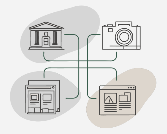 Symbolische Darstellung eines Netzwerks mit vier Verbindungslinien, die zu einer Bibliothek, einer Kamera, einem Webbrowser und einer Zeitung führen.