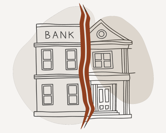 Skizze eines Bankgebäudes und eines Hauses, getrennt durch eine gezackte Linie.